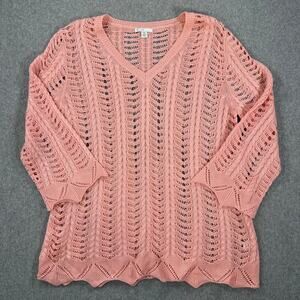 Cato Est. 1946 Open Knit Crochet Sweater Women's XL Pink V-Neck Scallop Hem